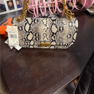 Michael Kors Snake-Print Shoulder Bag in Black & Cream with Gold Chain